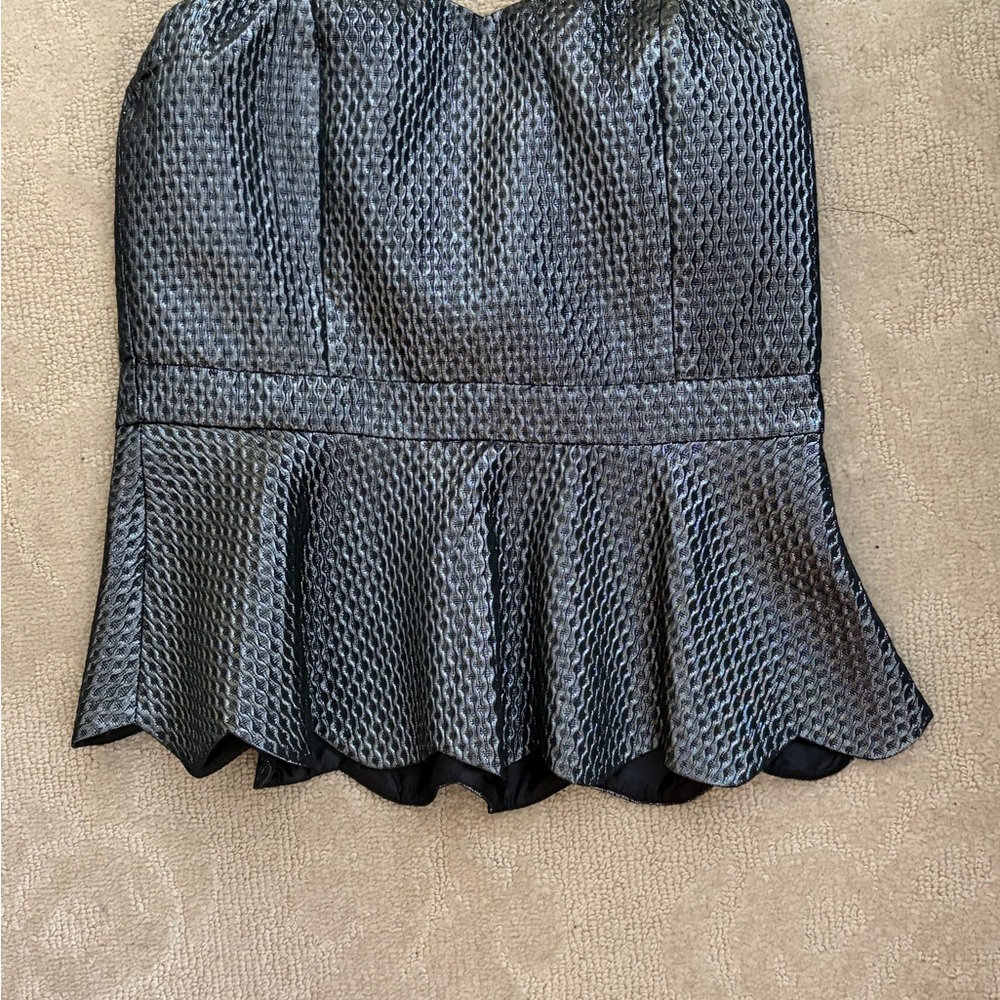 Elegant Metallic Black and Silver  Textured Strapless Peplum Top